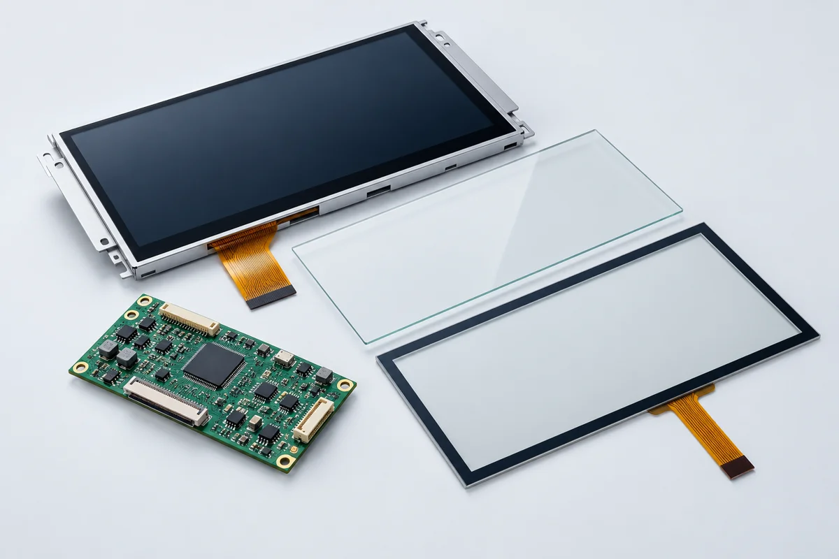 Illustrative display assembly with cover glass, touch panel and control electronics