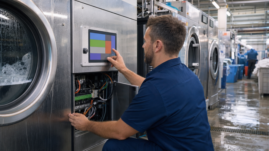 Maintenance technician using an industrial laundry machine HMI beside an accessible control compartment