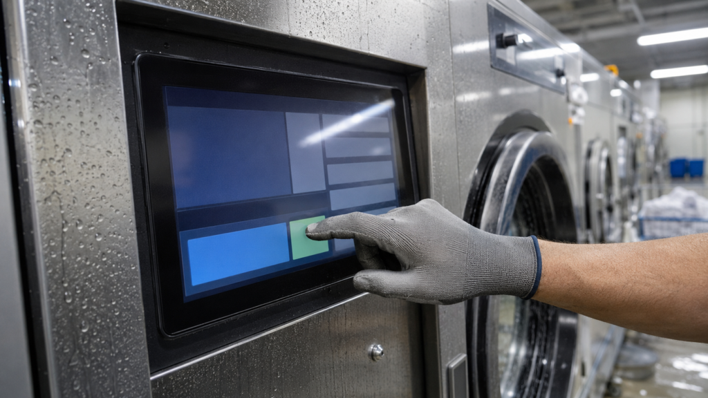 Gloved operator using a TFT touch HMI on industrial laundry equipment