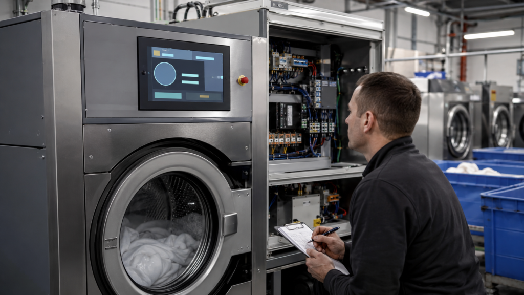 Technician validating an industrial laundry machine HMI with the integrated control cabinet