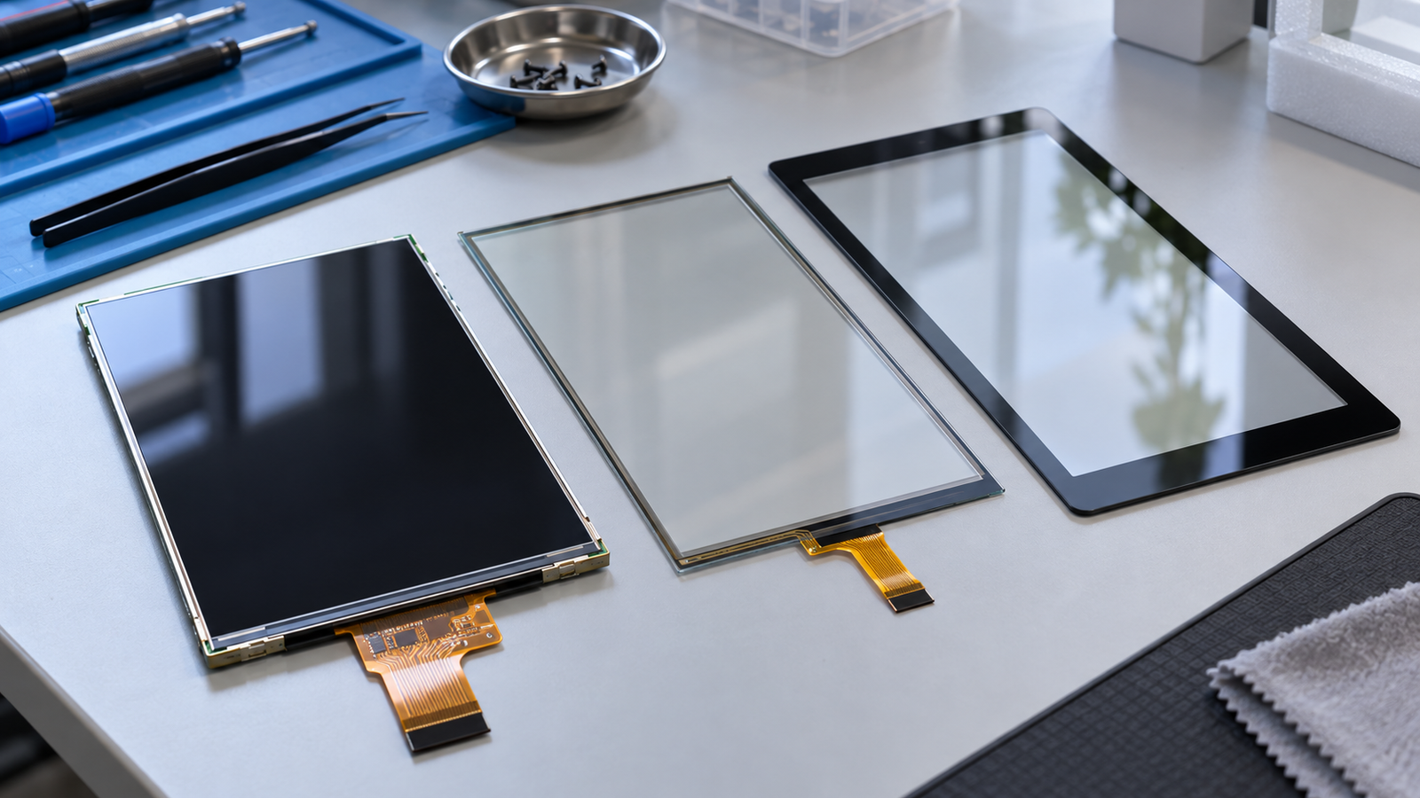 Optical assembly Display module, touch layer and cover glass on an engineering workbench