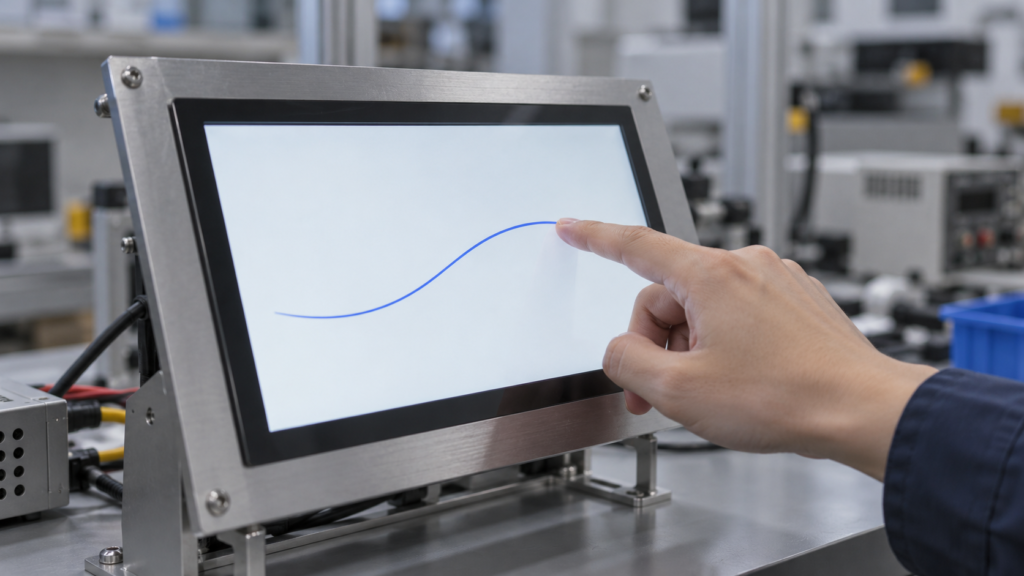 Finger tracing a path across an embedded touchscreen during gesture validation.