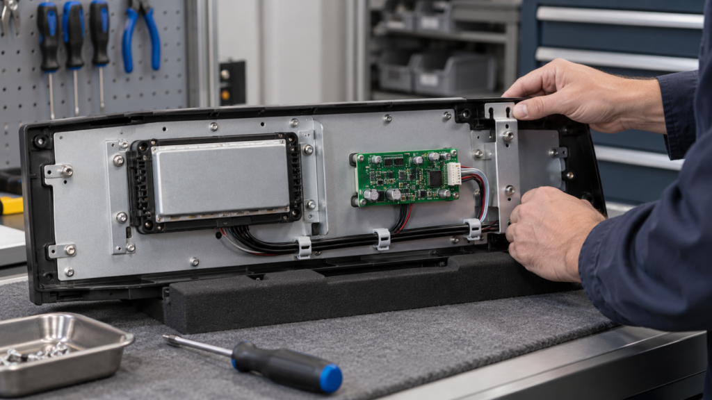 commercTechnician inspecting the rear mounting of a commercial laundry display assembly.ial-laundry-display-market-outlook-2026-04-service-access 상업용 세탁 디스플레이 어셈블리의 후면 장착부를 점검하는 기술자.