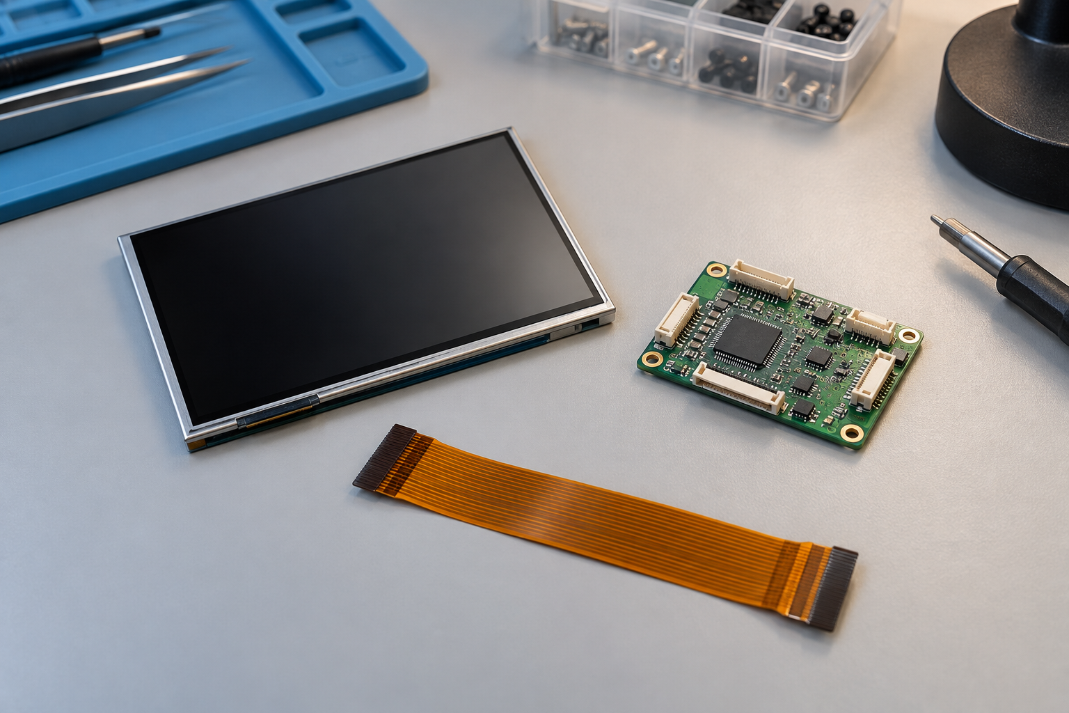 LCD-Modul, separates Steuerboard und Flexkabel auf einer Werkbank