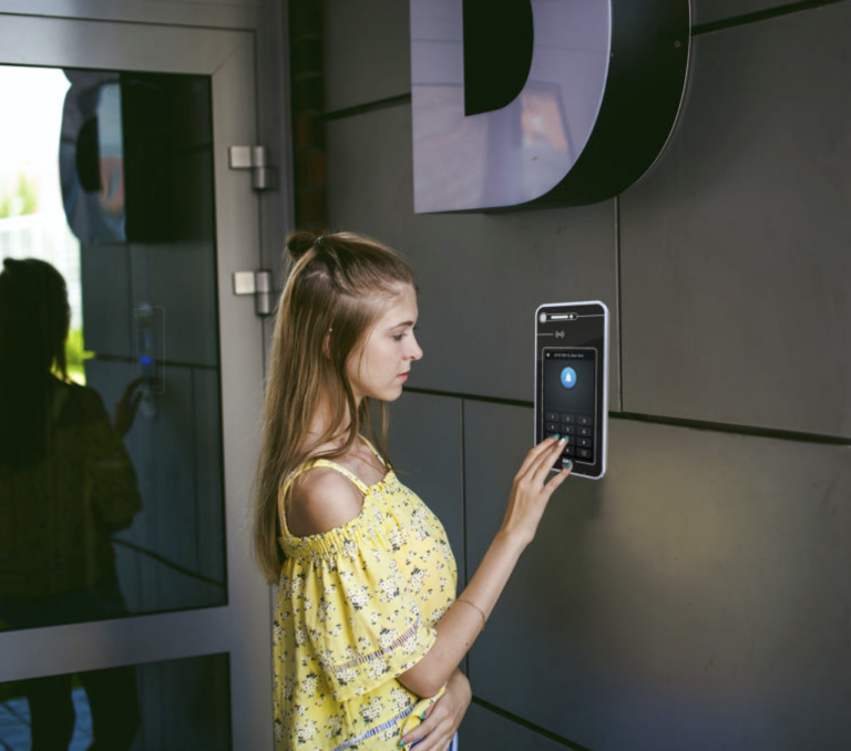 Touchscreen video intercom at a building entrance Touchscreen video intercom at a building entrance