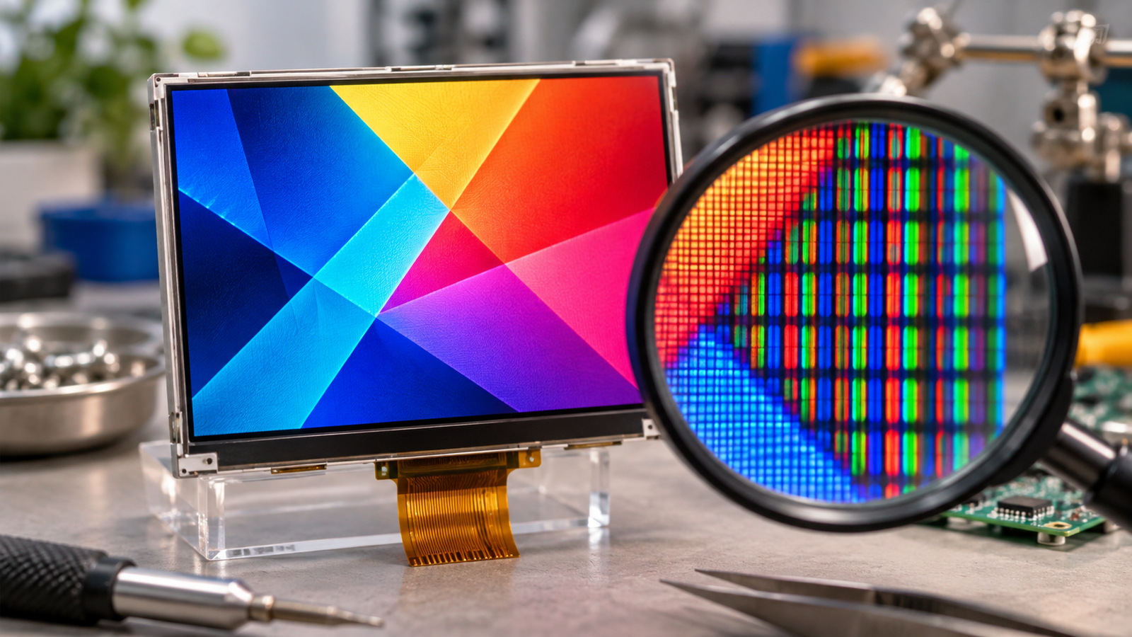 LCD module and magnifying lens on an electronics workbench