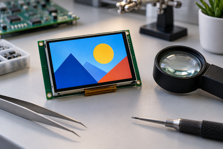 LCD module with a magnifying loupe on an engineering workbench