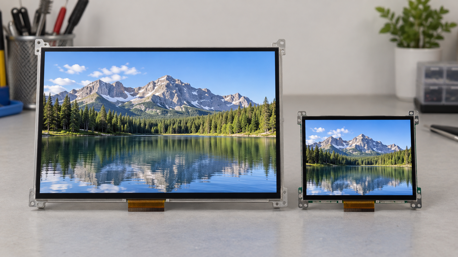 Display sizes Two unbranded LCD modules of different sizes on a workbench